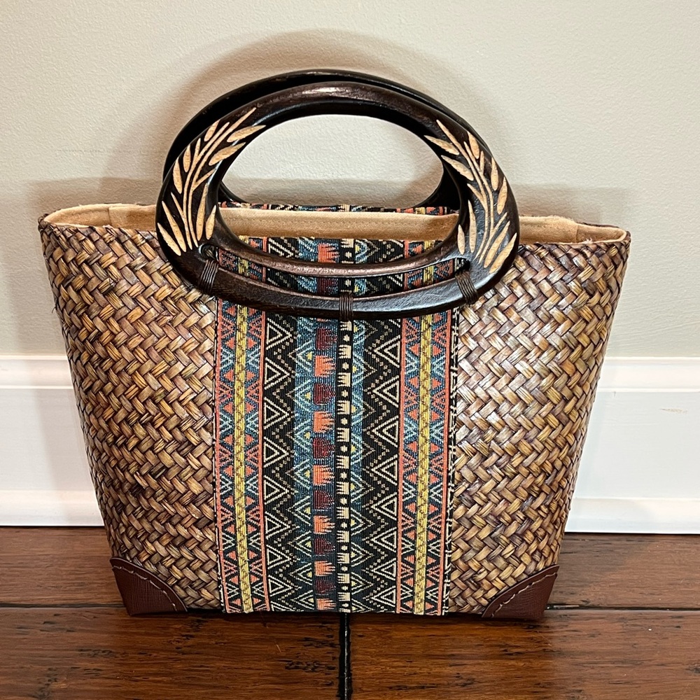Women's Beach Straw Bag Summer Tote Wooden Handle Boho Retro Vacation Handbag